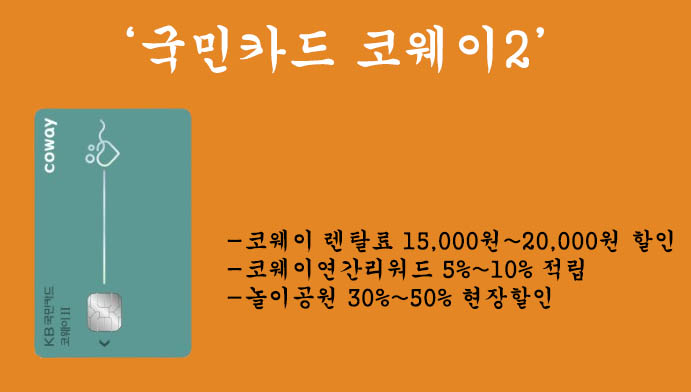 KB국민카드에서 운영하는 코웨이2 신용카드 혜택 및 신청(렌탈료 할인 및 적립, 놀이공원 할인)