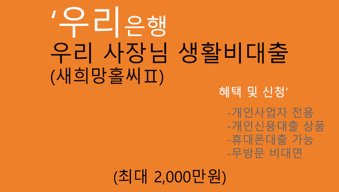 우리은행 우리 사장님 생활비대출(새희망홀씨Ⅱ)신청:개인사업자 전용, 개인신용대출,휴대폰대출,무방문,최대 2000만원