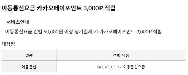 이동통신요금 카카오페이point 3,000p가 적립