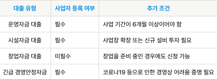 사업 자금 대출 신청 조건 상세 비교