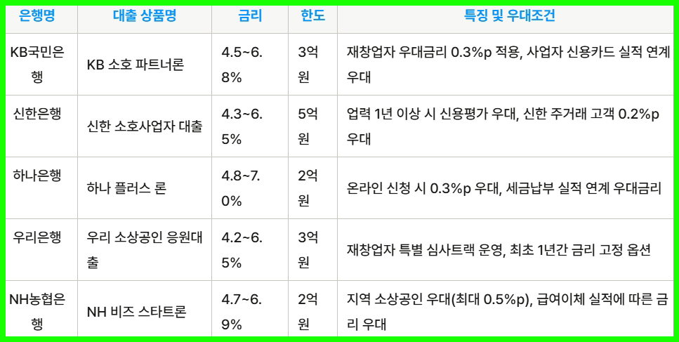 5대 시중은행 소상공인 특별 대출 상품 비교